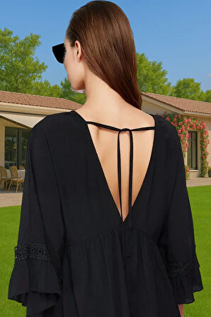 Kadın Yazlık Mini Elbise Crinkle Dokuma V Yaka Şerit Detaylı Rahat Zarifane Tasarım Şık Görünüm