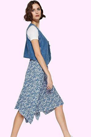 Kadın Zebra Desenli Örme Midi Etek Asimetrik Yüksek Bel Nefes Alan Kumaş Rahat Günlük Kullanım