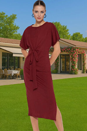 Yazlık Kadın Pamuk Midi Elbise Bodycon Kalıp Bağcıklı Tasarım Modern Stil Profesyonel Görünüm