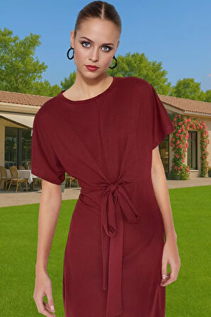 Yazlık Kadın Pamuk Midi Elbise Bodycon Kalıp Bağcıklı Tasarım Modern Stil Profesyonel Görünüm