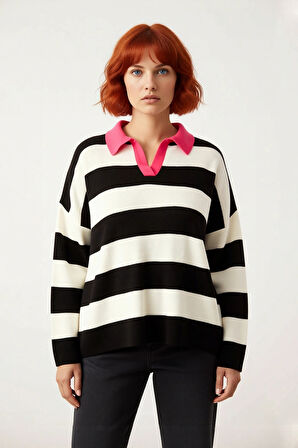 Kadın Konforlu Rahat Kesim Polo Yaka Çizgili Uzun Kollu Triko Kazak Orta Kalınlık Günlük Şıklık