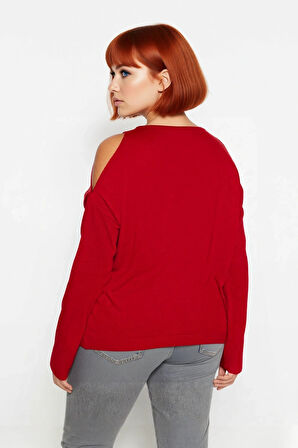 Kadın Rahat Relaxed Kalıp Dik Yaka Düşük Kollu Omzu Açık Detaylı Trend Akrilik Triko Kazak