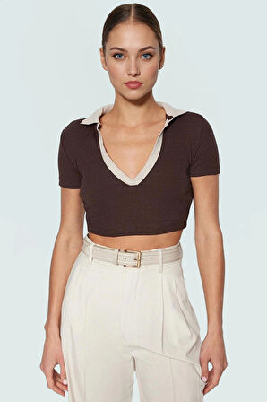 Polo Yaka Fitted Crop Bluz Kısa Kollu Polyester Pamuk Karışımı Yazlık Konforlu Kesim