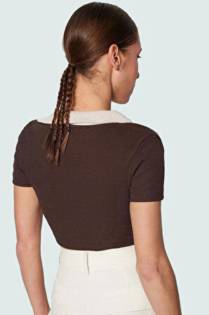 Polo Yaka Fitted Crop Bluz Kısa Kollu Polyester Pamuk Karışımı Yazlık Konforlu Kesim