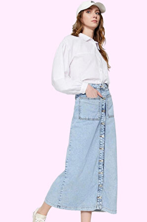 Kadın Denim Maxi Etek Yüksek Bel Kemerli Pamuk Günlük Kombinler Yaz Aylarının Vazgeçilmezi