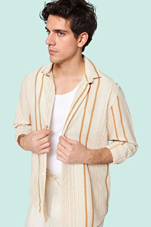 Erkek Basic Dokuma Gömlek Uzun Kollu Çizgili Yazlık Rahat Günlük Kullanım Kaliteli Malzeme