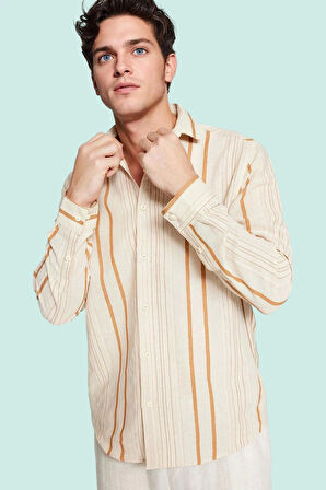 Erkek Basic Dokuma Gömlek Uzun Kollu Çizgili Yazlık Rahat Günlük Kullanım Kaliteli Malzeme