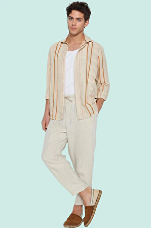 Erkek Basic Dokuma Gömlek Uzun Kollu Çizgili Yazlık Rahat Günlük Kullanım Kaliteli Malzeme