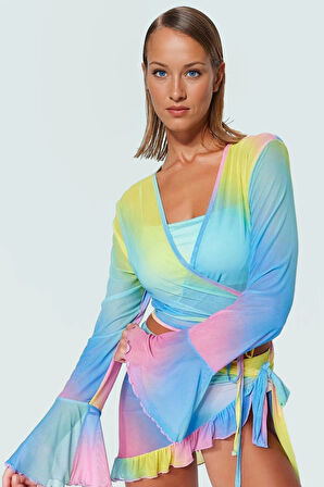 Plaj için Örme Mesh Bluz Etek Takım Degrade Desenli V Yaka Fitted Konforlu Kesim Modern Stil