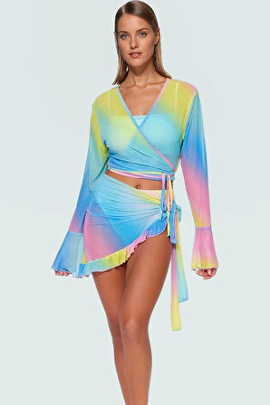 Plaj için Örme Mesh Bluz Etek Takım Degrade Desenli V Yaka Fitted Konforlu Kesim Modern Stil