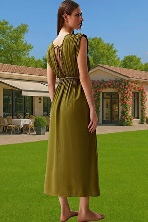 V Yaka Kolsuz Maxi Plaj Elbisesi Crinkle Dokuma Polyester Dayanıklı Malzeme Premium Kalite