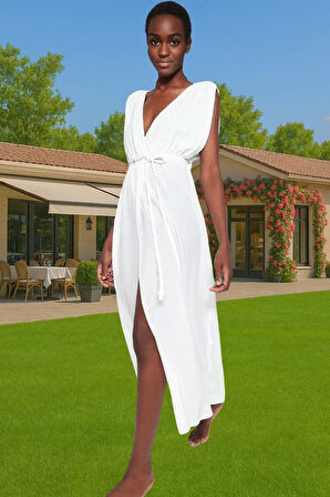 V Yaka Kolsuz Maxi Plaj Elbisesi Crinkle Dokuma Polyester Dayanıklı Malzeme Premium Kalite