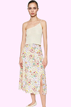 Kadın A line Midi Etek Dokuma Kumaş Viskoz Cepsiz Çiçek Desenli Günlük Yaz Aylarının Vazgeçilmezi