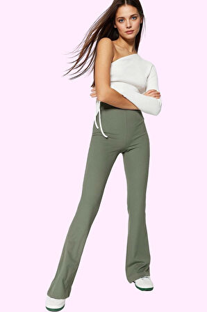 Kadın Esnek Örme Pantolon Yüksek Bel İspanyol Paça Flare Günlük Stil Yaz Aylarının Vazgeçilmezi