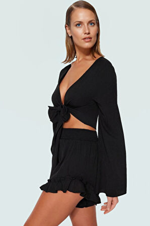 Feminen Fırfırlı Bluz Şort Takım Plaj Giyim Seçkin Malzeme Uzun Ömürlü Trend Tasarım