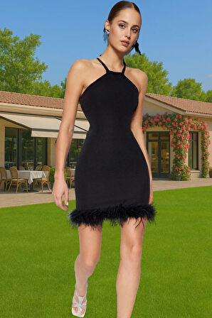 Elbise Bodycon Mini Abiye Tüy Detaylı Finike Dokuma Polyester Yazlık Yüksek Kalite Özenle Seçilmiş