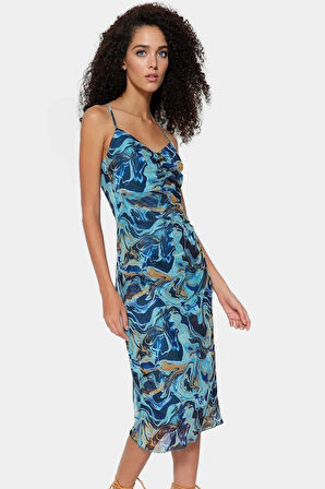 İnce Askılı Bodycon Elbise Desenli Tül Midi Boy Örme Kumaş Rahat Ve Şık Trend Tasarım