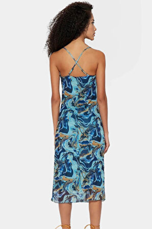 İnce Askılı Bodycon Elbise Desenli Tül Midi Boy Örme Kumaş Rahat Ve Şık Trend Tasarım