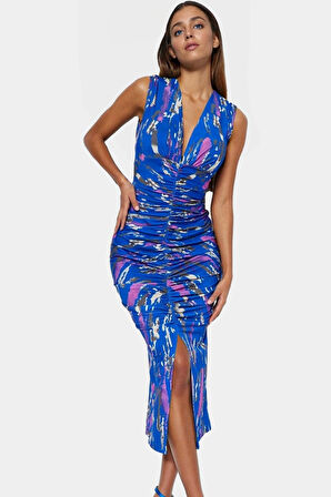 Midi Boy V Yaka Büzgü Detaylı Elbise Esnek Örme Kumaş Bodycon Kalıp 120 cm Uzunluk Premium Kalite