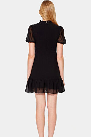 Rahat ve Şık A Line Mini Elbise Şifon Kumaş Balon Kollu Premium Kalite