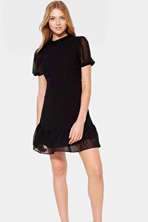 Rahat ve Şık A Line Mini Elbise Şifon Kumaş Balon Kollu Premium Kalite