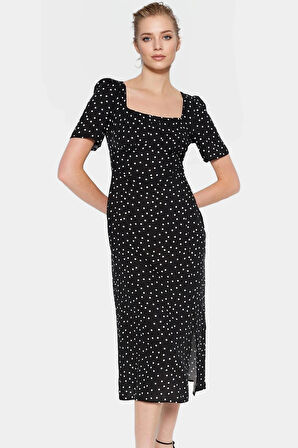 Rahat A Line Midi Elbise Puantiye Shally Dokuma Viskoz Kumaş Trend Tasarım Özel