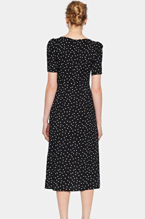 Rahat A Line Midi Elbise Puantiye Shally Dokuma Viskoz Kumaş Trend Tasarım Özel