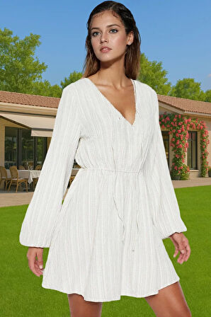 V Yaka Bağlamalı Dokuma Mini Elbise Keten Karışımlı Plaj Modası Rahat Ve Şık Rahat Kullanım