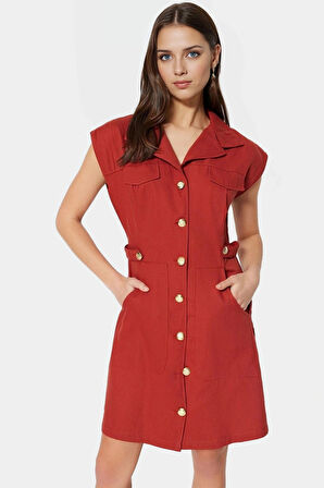 Şık Mini Elbise %Pamuk Gabardin Kumaş Ay Kol Düğmeli Premium Kalite Zarifane Tasarım