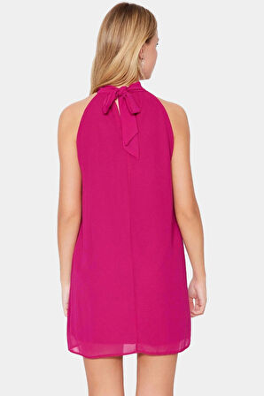 Yazlık Kısa Mini Elbise Şifon Dokuma Astarlı Halter Yaka Düz Kesim Konforlu