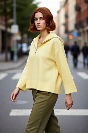 Kadın Oversize Fermuarlı Dik Yaka Triko Kazak Yumuşak Dokusuyla Günlük Konfor ve Şıklık Kaliteli