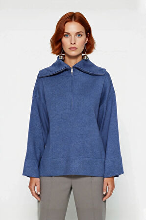 Kadın Oversize Fermuarlı Dik Yaka Triko Kazak Yumuşak Dokusuyla Günlük Konfor ve Şıklık Kaliteli