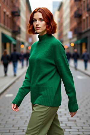 Kadın Basic Düz Desen Oversize Kesim Dik Yaka Triko Kazak Reglan Kol Kış Aylarının Konforlu Şıklığı