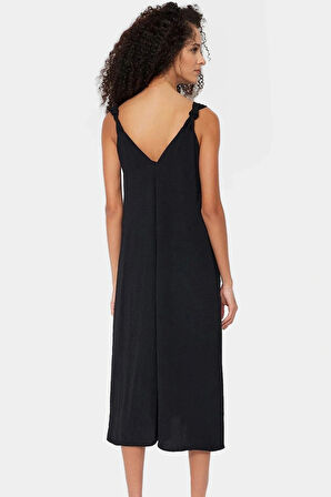 Polyester Aerobin Dokuma Midi Elbise V Yaka Shift Kalıp Modern Stil