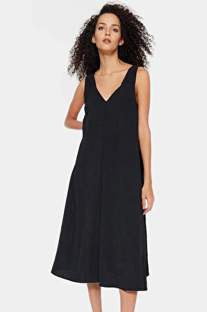 Polyester Aerobin Dokuma Midi Elbise V Yaka Shift Kalıp Modern Stil