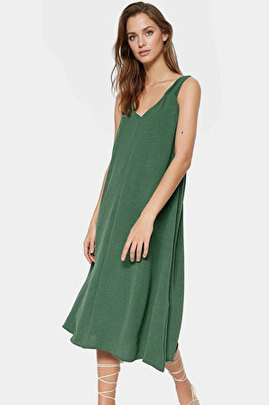 Polyester Aerobin Dokuma Midi Elbise V Yaka Shift Kalıp Modern Stil