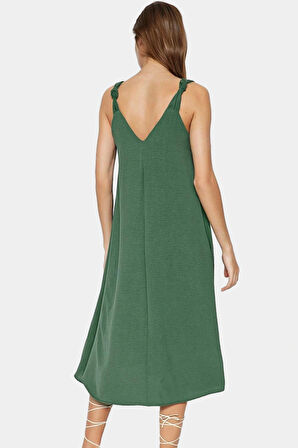 Polyester Aerobin Dokuma Midi Elbise V Yaka Shift Kalıp Modern Stil