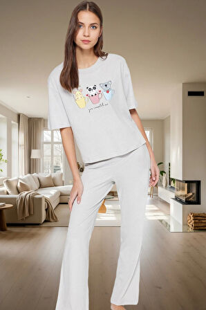 Eğlenceli Baskılı Homewear Pijama Takımı %100 Pamuk Rahat Kesim Modern Stil Kullanım