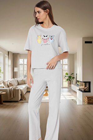 Eğlenceli Baskılı Homewear Pijama Takımı %100 Pamuk Rahat Kesim Modern Stil Kullanım