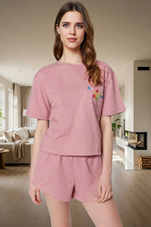 2'li Homewear Pijama Takımı Pamuklu Bisiklet Yaka Şortlu Profesyonel Görünüm Modern Stil