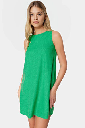 Yazlık Mini Elbise Bisiklet Yaka Keten Görünümlü Dokuma Kumaş Premium Kalite Günlük Kullanım İçin