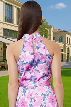 Kadın A Kesim Mini Elbise Saten Kumaş Çiçek Desenli Halter Yaka Mükemmel Uyum Şık Görünüm