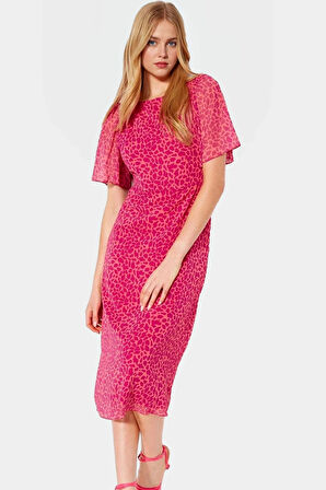 Yazlık Midi Elbise Nefes Alan Şifon Melek Kol A line Hayvan Desenli Yüksek Kalite