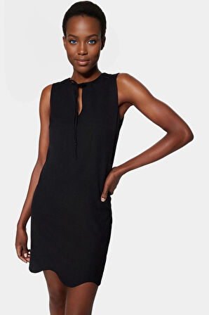 Polyester Elastan Mini Elbise Finike Dokuma Shift Kalıp Bisiklet Yaka Seçkin Malzeme