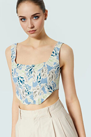 Basic Koleksiyon Fitted Crop Bluz Kare Yaka Çok Çiçek Desenli Dokuma Uzun Ömürlü