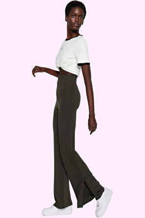 Kadın İnterlok Örme Pantolon Yüksek Bel İspanyol Paça Flare Günlük Yaz Aylarının Vazgeçilmezi