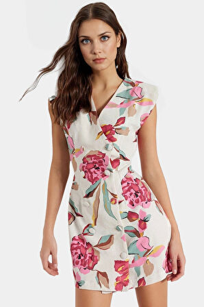 Viskoz Poliamid Karışım Mini Ceket Elbise Çiçek Desenli V Yaka Yazlık Trend Tasarım Kaliteli İşçilik