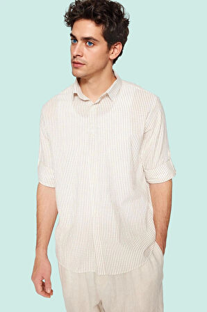 Erkek Regular Fit Pamuk Keten Karışımlı Çizgili Gömlek Yaka Günlük Stil Yaz Aylarının Vazgeçilmezi
