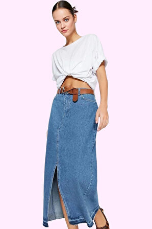 Kadın A line Maxi Denim Etek Kemerli Yırtmaçlı Pamuk Günlük Şıklık Yaz Aylarının Vazgeçilmezi