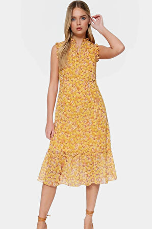 Yazlık Midi Elbise  Polyester Şifon Çiçek Desen A Kesim Premium Kalite Rahat Ve Şık